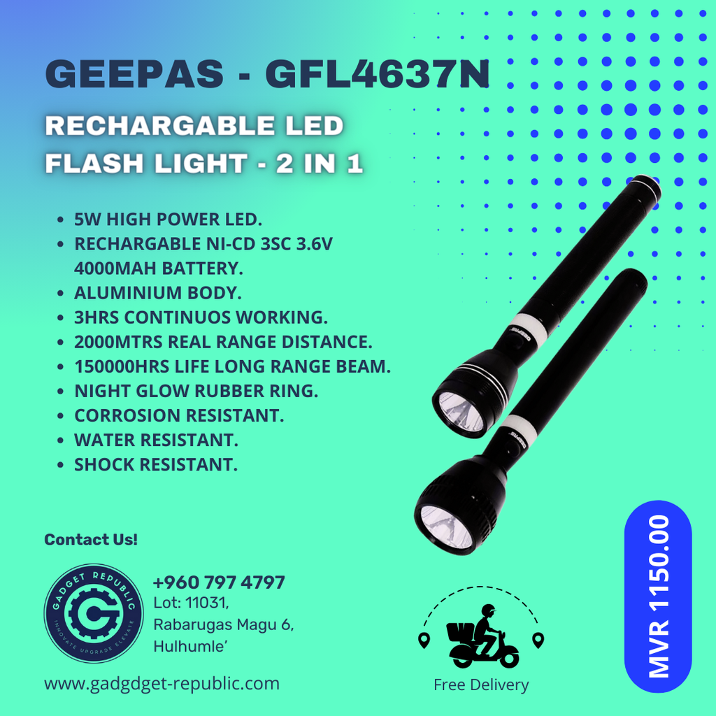 GEEPAS RECHARGEABLE FLASHLIGHT 2 in 1 GFL4637N